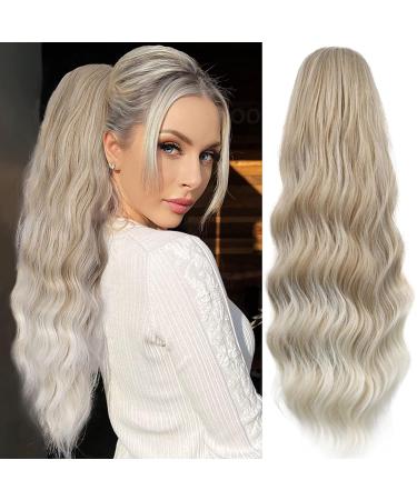 YEESHEDO Brown Long Wavy Ponytail Hair Extension for Women Drawstring Ponytail Hair Extensions Clip in Curly Synthetic Hairpiece 26 Inches(Blonde to Platinum)