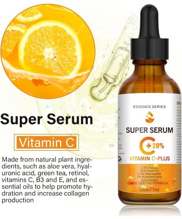 20% Vitamin C Serum for Face with Hyaluronic Acid & Retinol Serum 30ML Natural Anti Aging & Wrinkle Facial Serum Boost Skin Collagen Hydrate Brighten Plump Skin (30ml) - Buy Online on SooperMarket.com