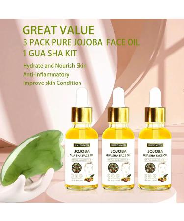 3 Pack Gua Sha Facial Oil Set - 99% Organic Jojoba Cold Pressed Vitamin E & C for Face Hair & Nails | Scented Massage Oil with Gua Sha Tool - Buy Online on SooperMarket.com
