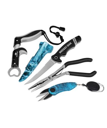 Mossy Oak 4pc Fishing Tool Kit - Pistol Grip Fishing Pliers, Fish Fillet Knife, Fishing Gripper, Line Snip, Fly Fishing Retractor with Retractable Lanyard
