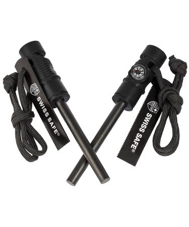 Swiss Safe 5-in-1 Fire Starter with Compass, Paracord and Whistle (2-Pack) for Emergency Survival Kits, Camping, Hiking, All-Weather Magnesium Ferro Rod Black