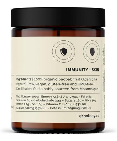Erbology Organic Baobab Powder 90g - 45 Servings - Skin Health and Immunity Support - Rich in Vitamin C B Vitamins and Polyphenols - Sustainably Sourced Straight from Farm - Vegan - GMO-Free - Buy Online on SooperMarket.com