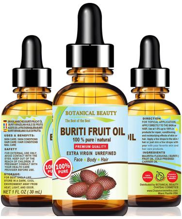 Botanical Beauty Brazilian BURITI FRUIT OIL Pure Natural Virgin Unrefined Cold Pressed Carrier Oil Undiluted 1 fl.oz- 30 ml for Face Body Hair Lip and Nails