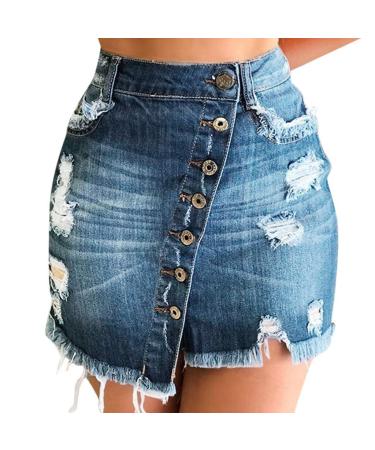 Sanahy Women's Bodycon Front Split Frayed Dark Washed Mini Denim Pencil Skirt Button Front Asymmetrical Distressed Jean Short Skirt L Blue