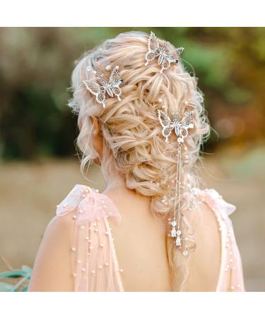 WLLHYF 4Pcs Silver Butterfly Hair Clips with Tassel - Elegant Hair Barrettes for Women, Perfect for Bride Wedding - Head Pieces Hair Accessories - Buy Online on SooperMarket.com