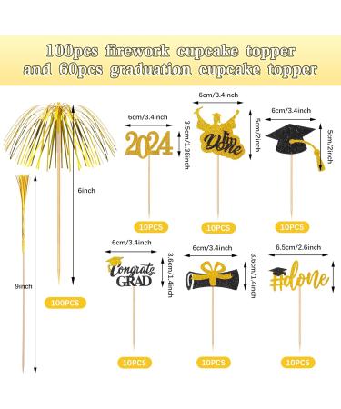 160 Pcs Graduation Firework Cupcake Toppers Set 100 Pcs 9 Inch Gold Foil Frill Firework Toothpicks and 60 Pcs Graduation Glitter Graduation Cupcake Topper for Graduation Party Cake Cocktail Food Fruit - Buy Online on SooperMarket.com