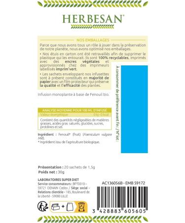 Herbesan Fennel Infusion Easy Digestion Organic 20 Sachets - Buy Online on SooperMarket.com
