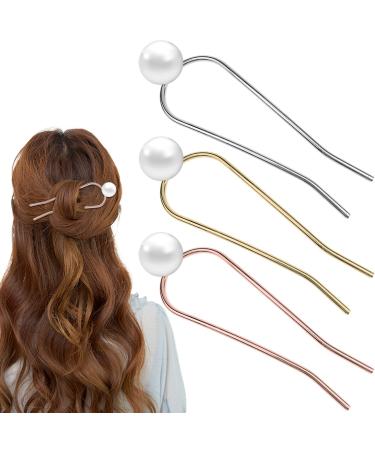 3 PACK Pearl U Shape Hair Fork Sticks Updo Hair Pins for Buns Chignon Wedding Hair Styling Tool Bridal Hair Accessories for Women and Girls