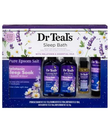 Dr. Teal's Melatonin 5-Piece Bath Mothers Day Gift Set - Give the Gift of Better Sleep - 11oz Sleep Soak, 3oz Sleep Bath, 3oz Body Wash, 1oz Body Oil, & 1oz Lotion - At Home Spa Kit - Pure Epsom Salt