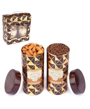 Jaiccha Ghasitaram Dryfruits Hamper-Box 2 Tin Jars of Almonds and Choco Coated Rice Crispies |Gift for Diwali Holi Rakhi Valentine Christmas Birthday Anniversary Her Him|
