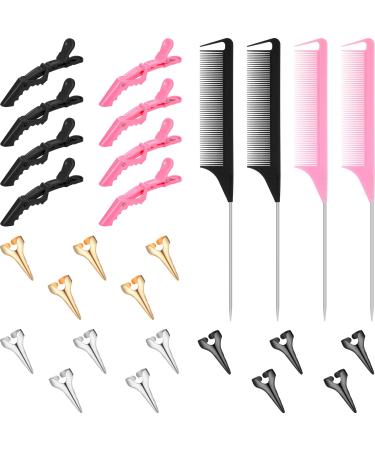 27 Pieces Hair Braiding Hair Parting and Selecting Hair Sectioning Ring for Braiding Curling Installation of Human Hair Extensions Pintail Rat Tail Comb Wide Teeth Sectioning Hair Clip (Pink  Black)