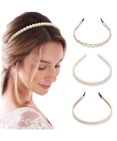 C LLOT Pearl Headband 3 Pack Headbands for Women Girls White Faux Pearls Gold Hairbands Bridal Hair Hoop Wedding Hair Accessories for Bridal Hair Decoration