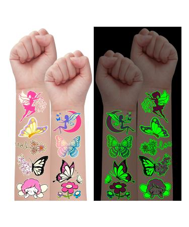 Partywind 100 Styles Luminous Butterfly Party Decorations  Glow Butterfly Tattoos Stickers for Party Supplies Favors Birthday Gifts  Goodie Bag Fillers for Butterfly Fairy Party (12 Sheets) 12 Sheets Glow Butterfly Tatto...