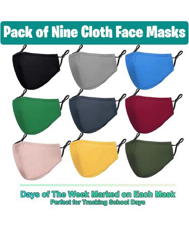 Kids Cloth Face Mask Reusable Washable 9 Pcs Adjustable Masks for School Boys Girls - 9 Count (Pack of 1) - Black, Light Gray, Royal Blue, Mint Green, Dark Gray, Cerise, Baby Pink, Olive Drab, Yellow - Buy Online on SooperMarket.com