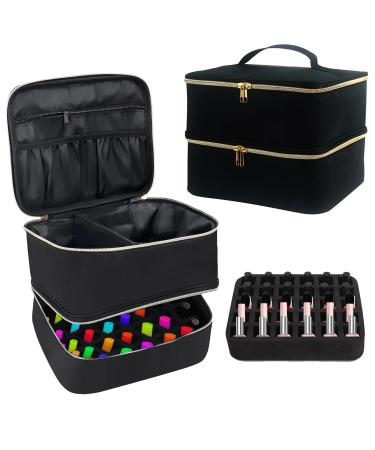 Movstriker Nail Polish Organiser Bag Double Layer Nail Varnish Storage Holds 30 Bottles and A Nail Lamp Traveling Nail Polish Storage Case Portable Nail Lipstick Beauty Tools Box(Black)