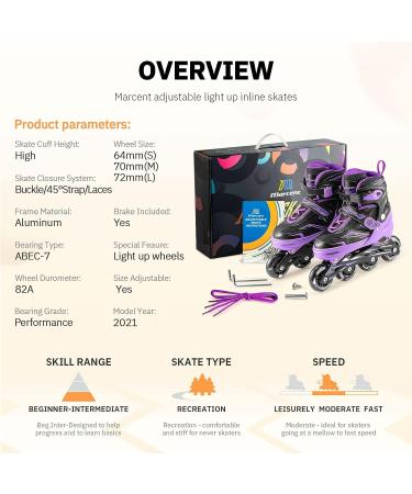 MARCENT Adjustable Inline Skates | Kids Roller Blades with Light up Wheels | Purple | Youth Size M (1-4) - Buy Online on SooperMarket.com