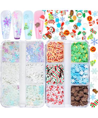 Christmas Nail Glitter Sequins, 12 Grids Holographic Snowflake Nail Art Glitters Snow Flakes Xmas Tree Snowmen Santa Claus Elk Christmas Nail Design Winter Nail Sticker Decals Manicure DIY Decorations White Red Green Set