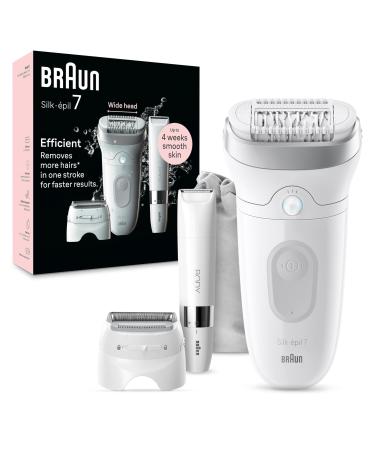 Braun Silk- pil 7 Epilator with Wide Head for Easy Hair Removal Wet & Dry Lasting Smooth Skin with Lady Shaver Head & Trimmer Comb Body Mini Shaver 7-441 White/Silver SE7-441