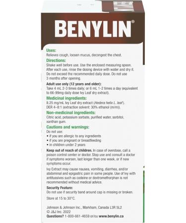 BENYLIN HERBAL Cough Syrup Ivy Leaf Herbal Decongestant Cold & Flu Relief Cough Suppressant Sugar Free Antioxidants 100-mL - Buy Online on SooperMarket.com