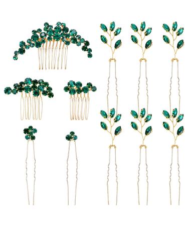 inSowni 11 Pieces Vintage Emerald Green Headpieces Party Prom Wedding Bridal Rhinestone Hair Side Combs Slides+U-shaped Hair Pins Accessories for Brides Bridesmaids Women Girls