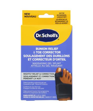 Dr. Scholl's BUNION RELIEF & TOE CORRECTOR // Massaging Gel Bunion Splint & Big Toe Straightener - Bunion Corrector for Women & Men - Bunion Pads for Bunion Relief 1 support set (left & right)