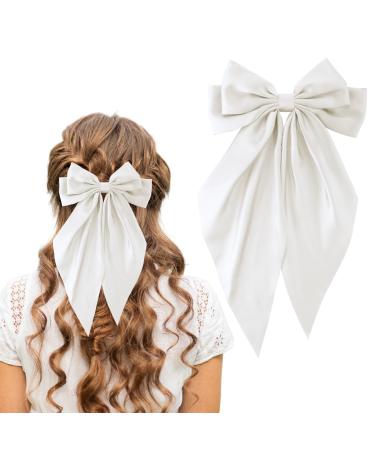 Andibro Long Tail French Ribbon Bow Hairpins Big Bow Barrettes Soft Silky Satin Hair Clips Aesthetic Hairclips Metal Bowknot Clips Bow Hair Dress Up 90's Accessories Decor for Wedding Party(Cream) White