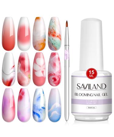 Saviland Blooming Gel - 15ml Clear Blooming Nail Gel Nail Polish Blossom Gel Soak Off U V LED with Nail Art Brush Manicure Kit for Spreading Marbles Effect Nail Salon Home DIY A1-15ml Clear Bloomings Gels Nail Polish