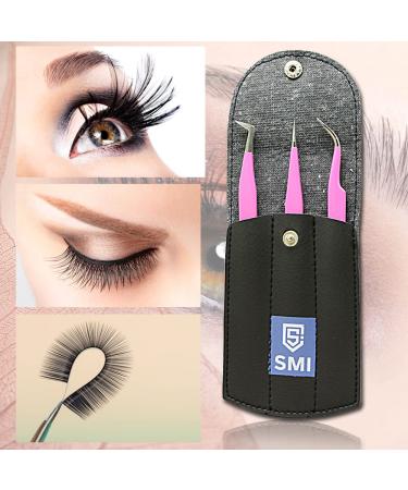 SMI 3 Pink Eyelash Tweezers Set - Pointed & Bent Stainless Steel for 3D/6D Volume Eyelash Extensions | Eyelash Pliers with Case - Buy Online on SooperMarket.com