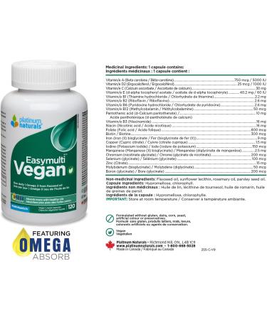 Platinum Naturals Easymulti Vegan 120 Vegan Liquid Capsules - Complete Multivitamin for Men & Women Includes Omega 3 Flaxseed Oil Enriched with B1 B2 B3 B5 B6 B12 Vitamin C Iron & Zinc 120 count (Pack of 1) - Buy Online on SooperMarket.com