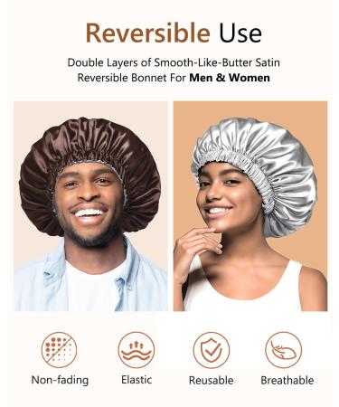 Shop Mikimini Satin Hood 2-Pack for Men & Women - Turnable Double-Layer Silk Sleep Hood for Curly Hair & Braids - Adjustable XL (Chocolate/Silver) - Buy Online on SooperMarket.com