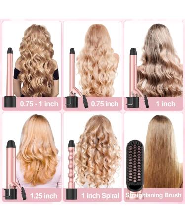 Professional 6 in 1 Curling Iron Set with Hair Straightener Brush - Dual Voltage Curler Wave Wand - Ceramic Barrel Hair Styling Tools - Instant Heating - Heat Resistant Gloves - Rose Gold - Buy Online on SooperMarket.com