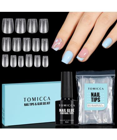 TOMICCA Nail Tips and Glue Gel Kit 4 In 1 Nail Glue and Base Gel with Extra Short Coffin Nail Tips Nail Extension Kit DIY Nail Art Acrylic Nail Kit Easy Nail Extension Set 15 Size 150Pcs Extra Short Coffin Nail Kit