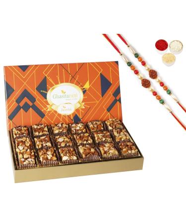 Ghasitaram Gifts Jaiccha Rakhi for Brother Sugarfree Almond Delight in Designer Box 18 pcs with 2 Rudraksh rakhis