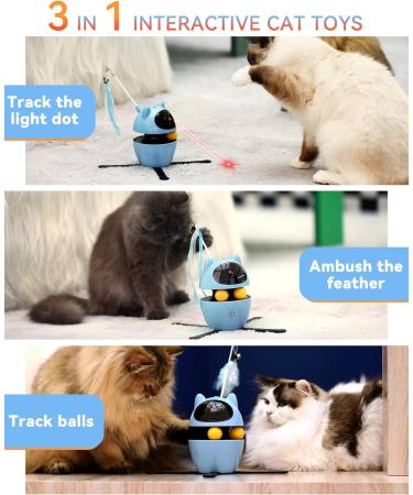 PETTOM Interactive Cat Toy 3-in-1 Automatic - 2023 Upgrade with Rotating Feather Tracks Ball - USB Rechargeable Kitten Toy for Indoor Cats - Blue - Buy Online on SooperMarket.com