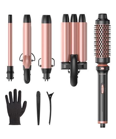 Wavytalk 5 in 1 Curling Wand Set Dual Voltage Curling Iron Set with 5 Interchangeable Barrels Included A Thermal Brush A Hair Crimper and 3 Ceramic Curling Wands(0.5"-1.25") Rose Pink