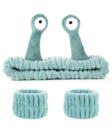 WLLHYF Spa Headband Face Wash Wristband Set Makeup Head Band Snail Coral Fleece Hair Band Skincare Hairband Elastic Creative Cartoon Head Wraps Cute Hair Accessories for Women Girls (Green)