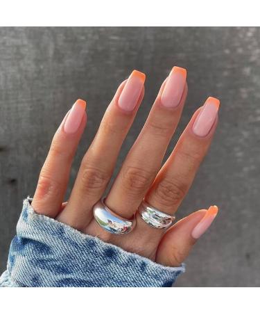 RUNRAYAY 24pcs Press on Nails Medium Orange Artificial Nails Almond Glue on Nails Artificial Nails Acrylic Nails for Women and Girls
