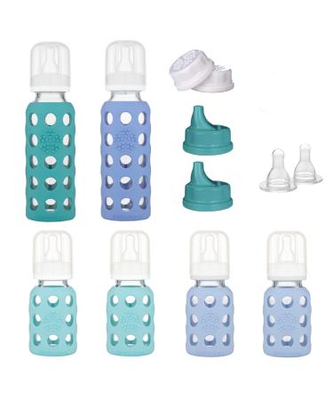 Lifefactory 6 Bottle Starter Set (4) 4-Ounce Baby Bottle in Mint/Blanket (2) 9-Ounce Baby Bottle in Kale/Blueberry (2) Flat Caps (2) Sippy Caps (2) Stage 2 Nipples  Mint/Blanket/Kale/Blueberry/White 12 Piece Set Mint/Bla...