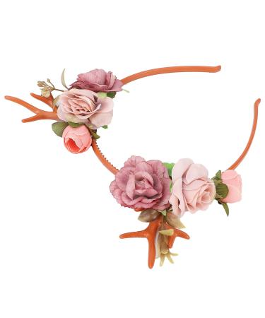 Delaman Fashionable Flower Reindeer Antlers Headband Floral Garland Crown for Party Cosplay Wedding Christmas (Dark Pink)