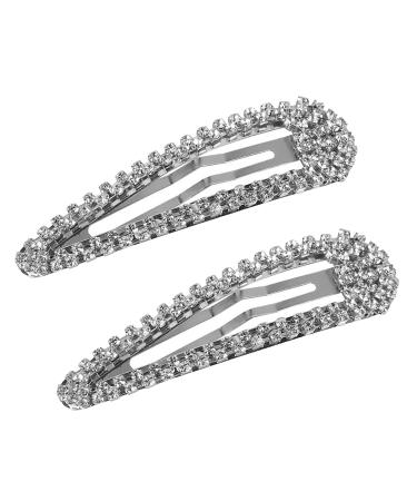 2PCS Rhinestone Snap Hair Clip Metal Snap Hair Clips Silver Snap Hair Clip Hair Clips with Rhinestone Shining Snap Hair Clip for Women 2Pcs-Silver
