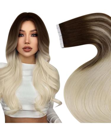 Laavoo real hair tape extensions brown ombre hair extension real hair tape in ombre dark brown platino blond tape in extensions real hair blond balayage 50g 20pcs 45cm #4/60 45cm-20PCs 3.7 #4/60