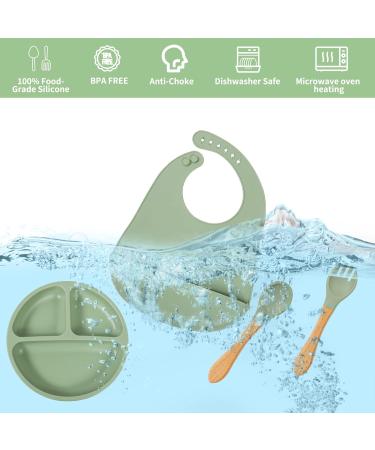 4 Piece Baby Weaning Set: Silicone Suction Divided Plate, Adjustable Bib, Spoon, Fork - Baby Led Feeding Supplies for Baby and Toddlers - Buy Online on SooperMarket.com