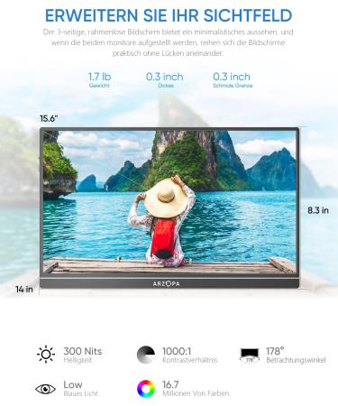 Arzopa 15.6 Portable Monitor - 1080P FHD HDR Eye Care Display with HDMI/USB-C for Laptop PC PS4 & Xbox - International Shipping Available - Buy Online on SooperMarket.com