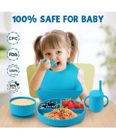 Baby Feeding Set - Silicone Bib, Suction Divided Bowl, Spoon, Fork - Toddler Utensils for Baby Led Weaning - Blue (6 Months) - Buy Online on SooperMarket.com