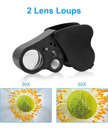 2 Pack Illuminated Jewelers Loupe 30X 60X 90X Portable Eye Loupe Magnifier Lighted Magnifying Glass with Bright LED Light for Jewelry Coins Gems Stamps Watches Rocks Black - Buy Online on SooperMarket.com