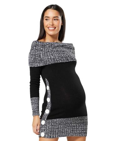 HAPPY MAMA Women's Maternity Bardot Knitted Jumper Dress Pullover Sweater. 913p 16-18 Black