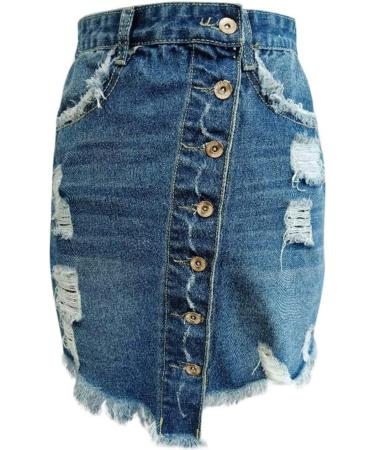 Sanahy Women's Frayed Dark Washed Mini Denim Pencil Skirt | Button Front Asymmetrical Distressed Jean Short Skirt in Dark Blue - Buy Online on SooperMarket.com