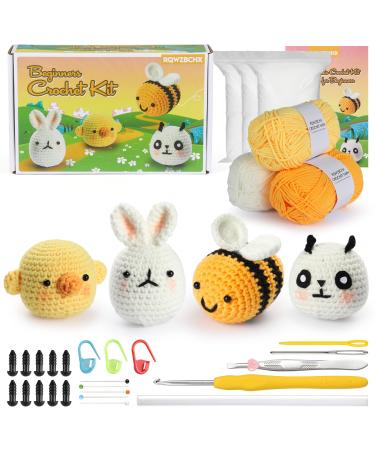 RQWZBCHX Crochet Kit for Beginner/Experts, Crochet Starters Kit for Adult Kids, 4PCS Crochet Animal Set - Chicken, Bee, Rabbit, Panda Include Writtern Videos Tutorials