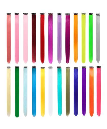 24PCS Colored Hair Extensions Clip In 22Inch Rainbow Hair Extensions Colorful Straight Extensions Hair Highlights Accessories for Kid Girls Women Party Hair Decor 24pcs-Colorful