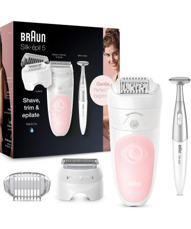Braun Silk- pil 5 epilator & women's razor electrical intimate razor for women alternative to wax hair detection including women bikini trimmer massage attachment swiveling head 5-820 white/pink